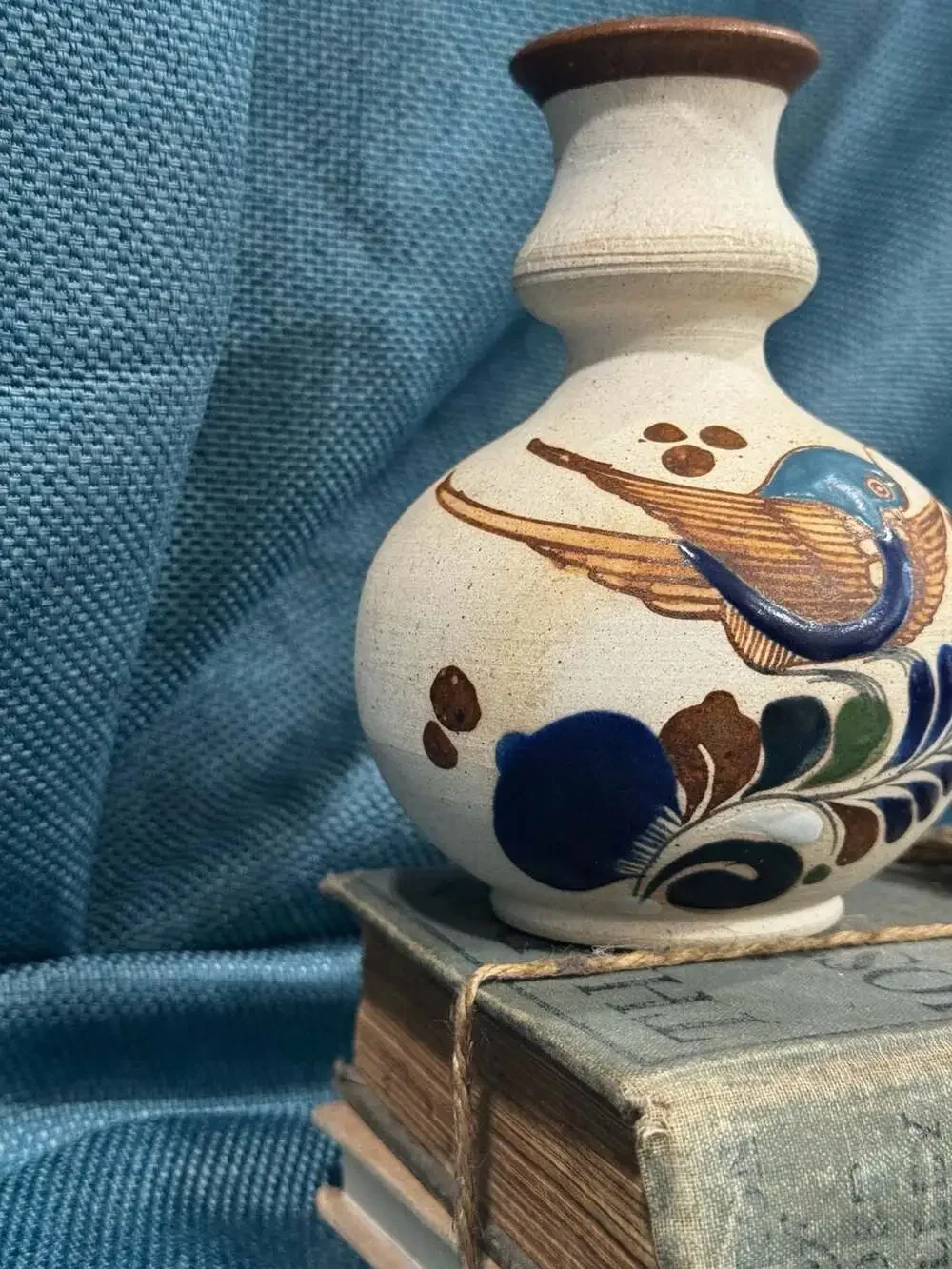 Vintage Tonala Mexican Folk Art Pottery Vase with Hand-Painted Bird Design